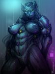  2014 anthro big_breasts breasts cybernetic cyberpunk dark enforcer fearsome female glowing horny looking_at_viewer machine mechanical muscles neurodyne nipples nude outside pussy rain robot sci-fi solo wet 