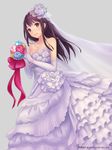  bare_shoulders bouquet dress elbow_gloves flower frills gloves hair_ornament holding ilog jewelry long_hair looking_at_viewer necklace occhan_(11715) official_art rose solo veil wedding_dress 
