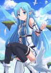  asuna_(sao) asuna_(sao-alo) bird blue_eyes blue_hair boots dove elf highres kazenokaze long_hair pointy_ears solo squatting sword_art_online thighhighs very_long_hair 