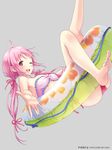  ;d barefoot bow feet hair_bow hair_ribbon ilog innertube long_hair looking_at_viewer navel occhan_(11715) official_art one_eye_closed open_mouth pink_eyes pink_hair reaching ribbon sakuragi_kokoro smile solo swimsuit twintails 