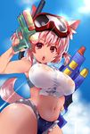  alternate_hairstyle animal_ears bare_shoulders blush breasts crop_top cutoffs day front-tie_top goggles goggles_on_head guratan_(guratan18) hair_ornament huge_breasts inubashiri_momiji looking_at_viewer midriff navel open_mouth red_eyes see-through shirt short_hair short_shorts shorts silver_hair sky solo tail tan tanline taut_clothes taut_shirt tied_shirt touhou water water_gun wet wet_clothes wolf_ears wolf_tail 