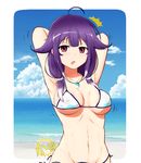  abs absurdres ahoge armpits arms_up beach bikini blush breasts cloud covered_nipples day highres jewelry kantai_collection large_breasts long_hair looking_at_viewer low_twintails magatama navel outdoors pendant purple_hair red_eyes side-tie_bikini skindentation sky solo strap_gap swimsuit taigei_(kantai_collection) tom-ani twintails wardrobe_malfunction 