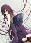  absurdly_long_hair bare_arms bare_shoulders butterfly_wings dress high_heels highres kneeling long_hair open_mouth original puracotte purple_dress purple_hair red_eyes red_footwear shoes solo very_long_hair wings wrist_cuffs 