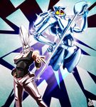  2boys armor blue_eyes commentary_request earrings grey_hair jean_pierre_polnareff jewelry jojo_no_kimyou_na_bouken multiple_boys pointing rapier silver_chariot stand_(jojo) stardust_crusaders sword tall_hair uc-lab weapon 