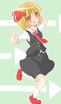  :o blonde_hair chinoru directional_arrow hair_ribbon highres necktie outstretched_arms red_eyes red_neckwear ribbon rumia shirt short_hair skirt solo spread_arms touhou vest 