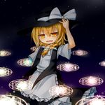  :d apron blonde_hair braid fang frilled_skirt frills hat highres kirisame_marisa magic_circle mare_(shiori_3021) open_mouth shirt short_sleeves side_braid skirt sky smile solo star_(sky) starry_sky touhou vest witch_hat yellow_eyes 