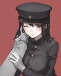  akitsu_maru_(kantai_collection) bad_id bad_twitter_id black_hair breasts caress gloves grey_eyes hand_on_another's_cheek hand_on_another's_face hat kantai_collection large_breasts light_smile military military_uniform one_eye_closed out_of_frame peaked_cap pov pov_hands red_background remodel_(kantai_collection) solo_focus uniform veryberry00 white_gloves 