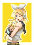  ;) animal blonde_hair blue_eyes bow cat cat_focus detached_sleeves headphones holding holding_animal kagamine_rin midriff one_eye_closed sailor_collar saturn-freak short_hair smile solo tattoo vocaloid 