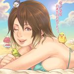  ;) animal animal_on_head animal_on_shoulder bad_id bad_pixiv_id beach bikini bird bird_on_head bird_on_shoulder blue_eyes blush borrowed_character breasts brown_hair character_request day eyelashes gradient_hair happy_birthday large_breasts lens_flare lips looking_at_viewer lying maou_alba multicolored_hair nose on_head on_stomach one_eye_closed original parakeet short_hair sideboob smile solo swimsuit 