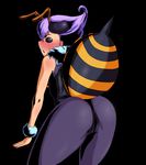  1girl antennae ass bare_shoulders bee_girl black_background blue_eyes blush bodysuit capcom extra_eyes insect_girl looking_back monster_girl no_wings pantyhose purple_hair q-bee short_hair solo spandex stinger vampire_(game) wrist_cuffs zapan 