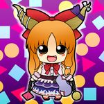  belt blush bottle bow chain chibi fang horns ibuki_suika long_hair open_mouth orange_eyes orange_hair purple_background ribbon sake_bottle shapes smile solo soramame1110 touhou 