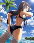  ass back_cutout black_hair cloud competition_swimsuit day dutch_angle endou_rino from_behind glasses hand_on_hip haribote_(tarao) highres jinsei long_hair looking_at_viewer looking_back one-piece_swimsuit palm_tree purple_eyes semi-rimless_eyewear sky solo swimsuit tree under-rim_eyewear wading water 