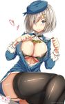  areola_slip areolae bikini black_bikini blue_eyes breasts cleavage cosplay cover cover_page doujin_cover hair_ornament hairclip hamakaze_(kantai_collection) hat heart hews_hack kantai_collection large_breasts looking_at_viewer short_hair silver_hair simple_background smile solo swimsuit takao_(kantai_collection) takao_(kantai_collection)_(cosplay) thighhighs underwear white_background 