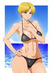  bikini black_bikini blonde_hair blue_eyes blush breasts cleavage hand_on_hip highres king_(snk) large_breasts lips makani_kohitujito navel ryuuko_no_ken short_hair smile solo swimsuit the_king_of_fighters thick_thighs thighs toned underboob 