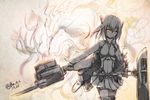  adjusting_collar bad_id bad_pixiv_id bae.c bangs bow_(weapon) collar crossbow dated fire headband high_collar highres holding kantai_collection machinery monochrome red_eyes short_hair skirt solo taihou_(kantai_collection) thighhighs twitter_username watermark weapon zettai_ryouiki 