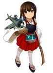  aircraft airplane akagi_(kantai_collection) blush bow_(weapon) brown_hair fairy_(kantai_collection) japanese_clothes kantai_collection long_hair muneate omuraisu_echizen short_hair skirt type_0_fighter_model_21 weapon 