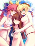  bad_id bad_pixiv_id bikini blonde_hair breasts brown_hair fate/extra fate/extra_ccc fate_(series) girl_sandwich kishinami_hakuno_(female) large_breasts multiple_girls nero_claudius_(fate) nero_claudius_(fate)_(all) pink_hair sandwiched sideboob slingshot_swimsuit swimsuit tamamo_(fate)_(all) tamamo_no_mae_(fate) yude yuri 