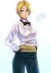  blonde_hair blue_eyes bow bowtie character_name earrings fingerless_gloves gloves hands_on_hips inaba-no-kuni-tottori jewelry king_(snk) pants sash shirt short_hair solo standing the_king_of_fighters 