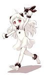  :d ahoge aircraft airplane barefoot dress feet horns kantai_collection long_hair marugoshi_(54burger) mittens northern_ocean_hime open_mouth red_eyes shinkaisei-kan smile soles solo toes walking white_dress white_hair white_skin 