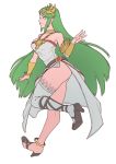  1girl bare_shoulders breasts drawing dress full_body green_eyes green_hair highres jewelry kevvv kid_icarus large_breasts long_hair looking_at_viewer nintendo palutena simple_background single_thighhigh smile solo super_smash_bros. super_smash_bros._ultimate thighhighs tiara very_long_hair white_background 