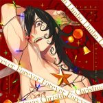  1boy arm_behind_head ashiya_douman_(fate/grand_order) bell black_hair christmas_lights dilated_pupils fate/grand_order fate_(series) green_lipstick green_nails jewelry lipstick looking_at_viewer makeup male_focus nail_polish necklace nude pako red_background simple_background solo star 