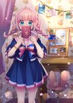  ahoge blue_eyes book braid highres holding long_hair masaru.jp original pink_hair school_uniform serafuku solo twin_braids 