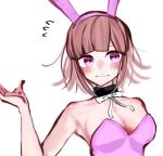  1girl animal_ears bare_arms bare_shoulders black_collar blush breasts bunny_ears bunny_girl bunny_hair_ornament cleavage closed_mouth collar danganronpa embarrassed eyebrows_behind_hair flipped_hair hair_ornament large_breasts looking_to_the_side nanami_chiaki open_eyes open_hand pink_bunny_ears pink_eyes pink_hair pink_suit rairo_yusa ribbon short_hair simple_background solo super_danganronpa_2 white_background white_ribbon 