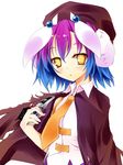  :&lt; cape cellphone character_request gradient_hair greed_packet_unlimited hair_ornament hat highres holding kaede_(003591163) looking_at_viewer multicolored_hair necktie phone short_hair solo yellow_eyes 