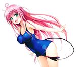  :d ahoge blue_swimsuit blush breasts cleavage collarbone covered_nipples cropped fingernails green_eyes highres impossible_clothes impossible_swimsuit lala_satalin_deviluke leaning leaning_forward lips long_hair medium_breasts one-piece_swimsuit open_mouth pink_hair school_swimsuit simple_background smile solo swimsuit tail to_love-ru very_long_hair white_background yabuki_kentarou 