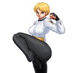  blonde_hair blue_eyes boongari bow bowtie breasts clenched_hand fingerless_gloves gloves king_(snk) large_breasts lips nose pants ryuuko_no_ken sash serious shirt short_hair solo standing standing_on_one_leg the_king_of_fighters white_background 