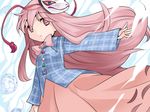  bad_id bad_pixiv_id bow circle dress_shirt fox_mask hammer_(sunset_beach) hata_no_kokoro long_hair looking_at_viewer mask outstretched_arm pink_eyes pink_hair plaid plaid_shirt plaid_skirt shirt skirt solo star touhou triangle triangle_mouth 