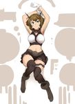  armpits arms_up bare_shoulders blush boots breasts brown_hair gloves green_eyes hairband headgear kantai_collection large_breasts looking_at_viewer midriff mutsu_(kantai_collection) navel omuraisu_echizen short_hair skirt smile solo thighhighs 