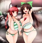  animal_ears asymmetrical_docking bikini bow braid breast_press breasts brown_hair cat_ears cat_tail cleavage extra_ears grin hair_bow holding_hands huge_breasts hydrant_(kasozama) kaenbyou_rin long_hair looking_at_viewer multiple_girls multiple_tails nekomata no_wings one_eye_closed open_mouth red_eyes red_hair reiuji_utsuho side-tie_bikini smile swimsuit tail third_eye touhou twin_braids 