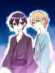  black_eyes black_hair blonde_hair eugeo green_eyes japanese_clothes jianmo_sl kimono kirito male_focus multiple_boys sword_art_online yukata 