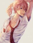  :p ailm bad_id bad_pixiv_id free! male_focus necktie open_clothes open_shirt pink_hair purple_eyes school_uniform shigino_kisumi shirt smile solo tongue tongue_out 