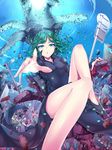  :o bare_legs black_dress curly_hair destruction dress green_eyes green_hair highres kasai_shin legs looking_at_viewer one-punch_man outstretched_hand road_sign short_hair sign sky solo tatsumaki telekinesis traffic_light 