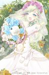  :d blue_eyes bouquet collection_king dress elbow_gloves flower gloves green_hair holding long_hair looking_at_viewer miyoshino open_mouth smile solo veil wedding_dress white_gloves 
