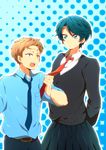  1girl alternate_eye_color androgynous bad_id bad_pixiv_id blue_eyes blue_hair brown_eyes brown_hair eyebrows gekkan_shoujo_nozaki-kun height_difference hori_masayuki kashima_yuu necktie necktie_grab neckwear_grab pleated_skirt reverse_trap short_hair skirt sweater yukihira_(pixiv3296525) 