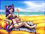  beach black_fur blue_eyes breasts brown_fur collar feline female fur hair longdanger lynx mammal open_mouth purple_fur purple_hair seaside smile solo swimsuit white_fur 