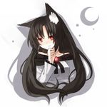  animal_ears bare_shoulders brown_hair crescent_moon dress frilled_sleeves frills imaizumi_kagerou long_hair long_sleeves moon red_eyes sh_(562835932) smile solo touhou wolf_ears 