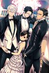  3boys adachi_tooru alternate_hairstyle black_eyes black_hair bow bowtie choker doujima_nanako doujima_ryoutarou dress earrings evening_gown formal frilled_dress frills grey_eyes hair_up hand_in_pocket hand_on_own_head holding_hands jewelry looking_at_viewer multiple_boys narukami_yuu persona persona_4 saeuchobab shawl_lapels short_hair strapless strapless_dress tuxedo white_dress white_hair 
