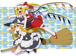  :d blonde_hair bow braid broom broom_riding directional_arrow eichi_yuu fang flandre_scarlet grin hair_bow hair_ribbon hand_on_headwear hat kirisame_marisa long_hair mob_cap multiple_girls open_mouth pointing pointy_ears red_eyes ribbon riding side_ponytail single_braid smile touhou v-shaped_eyebrows wings witch_hat yellow_eyes 