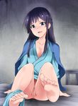  arm_support barefoot bed black_hair blue_eyes bottomless censored collarbone feet half_updo highres hospital_bed hospital_gown idolmaster idolmaster_million_live! kaiga long_hair long_legs looking_at_viewer mogami_shizuka mosaic_censoring open_mouth pants_around_one_leg pussy sitting solo 