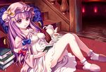  bobby_socks book bow crescent crescent_hair_ornament cup douji hair_bow hair_ornament hat long_hair patchouli_knowledge purple_eyes purple_hair revision sitting slippers socks solo stairs tea teacup teapot touhou very_long_hair white_legwear 