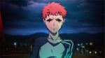  applechoc brown_eyes emiya_shirou fate/stay_night fate_(series) male_focus neon_trim night raglan_sleeves red_hair solo 