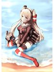  amatsukaze_(kantai_collection) artist_name beach breasts choker dated dress garter_belt hair_tubes hairband highres kantai_collection large_breasts long_hair looking_at_viewer ocean rensouhou-kun sailor_dress short_dress silver_hair sitting striped striped_legwear thighhighs turret two_side_up x2 yellow_eyes zettai_ryouiki 