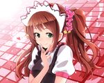  blush brown_hair crossdressing green_eyes hair_ornament heart idolmaster idolmaster_side-m ima_(lm_ew) long_hair looking_at_viewer maid_headdress male_focus mizushima_saki otoko_no_ko smile solo twintails upper_body v 