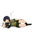  :d bangs black_hair blunt_bangs blush braid hair_over_shoulder hand_on_own_cheek hand_on_own_thigh kantai_collection kitakami_(kantai_collection) long_hair looking_at_viewer lying omuraisu_echizen on_side open_mouth pleated_skirt school_uniform serafuku single_braid skirt smile solo translation_request 