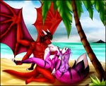  beach black_fur breasts brown_hair canine dragon eyes_closed female fluffy_tail fox fur hair horn longdanger male mammal muscles nipples nude open_mouth pink_fur purple_hair red_skin seaside sex smile wings 