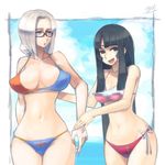  artist_name bangs bespectacled bikini black_hair blue_eyes blue_sky breasts cleavage cloud collarbone day frills glasses groin hime_cut hips houraisan_kaguya large_breasts long_hair looking_at_another looking_away multicolored multicolored_bikini multicolored_clothes multicolored_nails multiple_girls nail_polish navel ocean oo_gata_ken open_mouth perky_breasts pink_bikini pointy_nose ribbon signature silver_hair sky smile swimsuit touhou yagokoro_eirin 